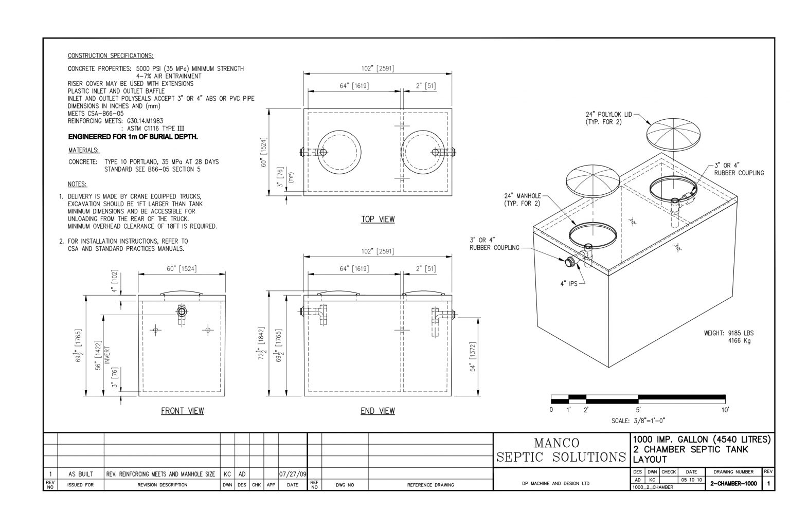 Concrete 1000 Imperial Gallon 2 Chamber Septic Tank Manco Septic