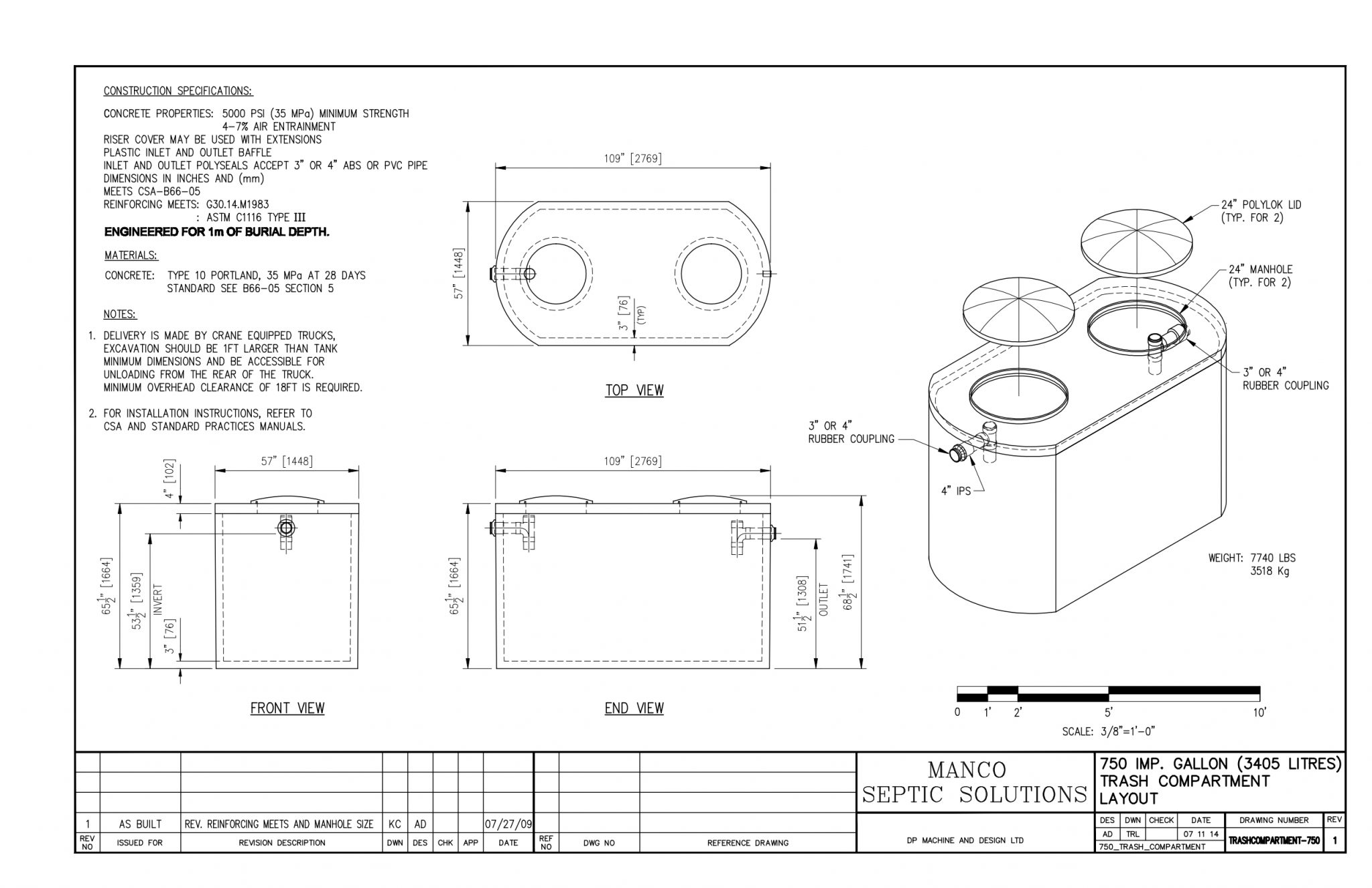 Concrete 750 Imperial Gallon Single Chamber Septic Tank Manco Septic